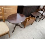 A REPRODUCTION OVAL MAHOGANY TRIPOD TABLE, PINE MAGAZINE RACK AND OAK MAGAZINE RACK/TABLE