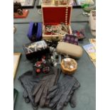 AN ASSORTMENT OF LADIES ITEMS TO INCLUDE A JEWELLERY BOX AND AN ASSORTMENT OF COSTUME JEWELLERY ETC