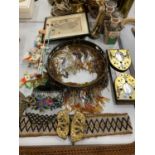 AN ECLECTIC MIX OF BEADWORK ITEMS, TWO LIDDED VASES ETC