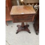 A VICTORIAN MAHOGANY TWO DRAWER WORK TABLE ON TURNED COLUMN SUPPORT WITH QUATREFOIL BASE