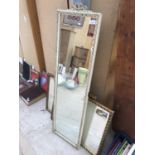 A LONG WOODEN FRAMED MIRROR AND A FURTHER TWO GILT EDGE FRAMED WALL MIRRORS