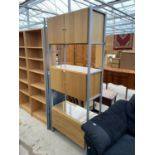 MODERN METAL FRAMED OPEN DISPLAY SHELVES ENCLOSING CUPBOARDS AND DRAWERES 33" WIDE, ONE OTHER