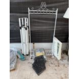 AN AWNING FRAME, A WHITE RACK, A FOUR PIECE CAST IRON TREE SURROUND, A 4 METRE PVC POND LINER AND