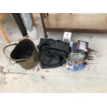 AN ASSORTMENT OF ITEMS TO INCLUDE A BRASS COAL BUCKET, A LEATHER JACKET AND FURTHER GLASS WARE ETC