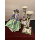 A PAIR OF DRESDEN WARE CANDLESTICKS AND A ROYAL DOULTON FIGURINE 'TOP O THE HILL' HN1833