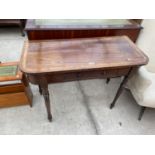 A 19TH CENTURY MAHOGANY AND CROSSBANDED SIDE TABLE ON TURNED LEGS WITH SMALL DRAWER 39" WIDE