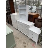 THREE MODERN WHITE CHESTS OF DRAWERS AND AN OPEN BOOKCASE