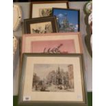 FOUR FRAMED PRINTS TO INCLUDE A SIGNED PEN AND INK AND A CARTOON LINE DRAWING IN COLOUR