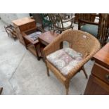 A WICKER ARMCHAIR, TWO BEDSIDE CABINETS AND A MAHOGANY OCCASIONAL TABLE