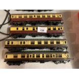 FOUR YELLOW AND BROWN LIVERY OO GAUGE PASSENGER CARRIAGES