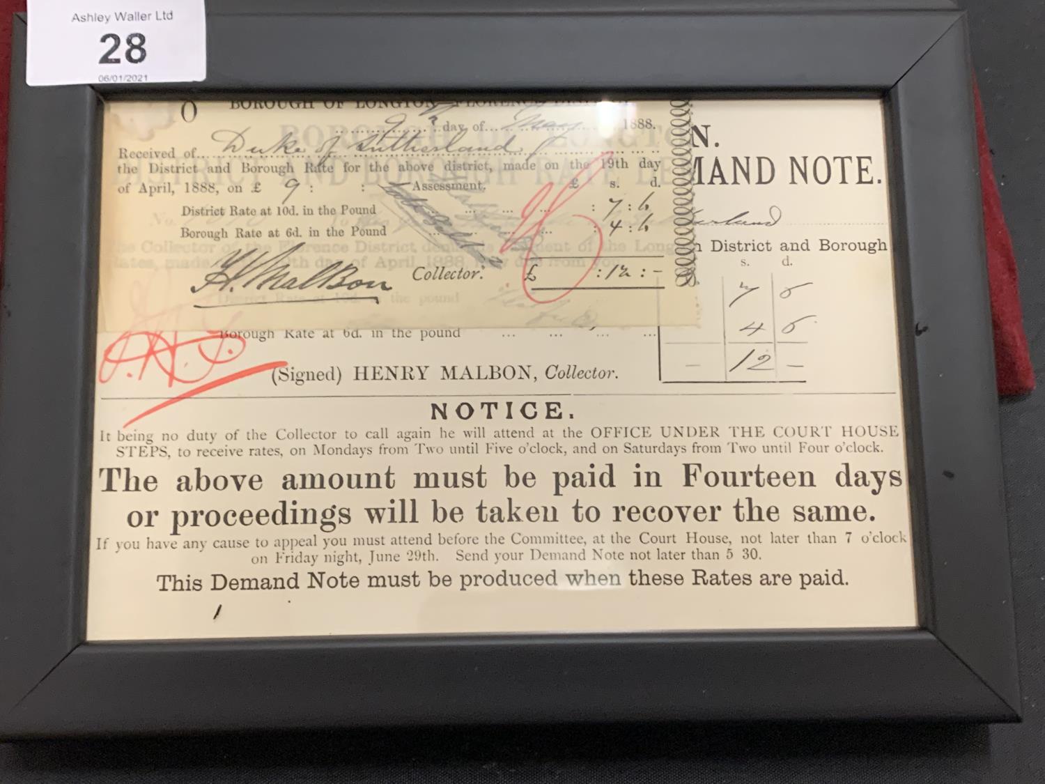 A PAIR OF DUKE OF SUTHERLAND SIGNED RECEIPTS - Image 2 of 3