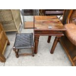 AN INDONESIAN WOOD LAMP TABLE AND A WOVEN SEATED STOOL