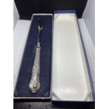 A SILVER HANDLED PICKLE FORK HALLMARKED SHEFFIELD WITH PRESENTATION BOX