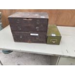 A VINTAGE WOODEN TOOL CHEST ENCLOSING THREE DRAWS AND FURTHER METAL DRAW