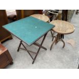 TWO OCCASIONAL TABLES WITH RATTAN TOPS AND A FOLDING CARD TABLE