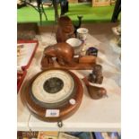 A SELECTION OF TREEN AND CERAMICS ETC. TO INCLUDE A BAROMETER AND A CARVED ELEPHANT