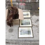 THREE FRAMED PRINTS OF HORSE RACING AND A BOX OF LADIES FUR ITEMS