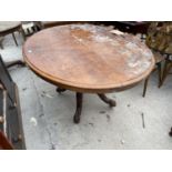 A VICTORIAN INLAID WALNUT LOO TABLE ON QUATREFOIL BASE - FOR RESTORATION