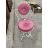 A METAL FRAMED WHITE PAINTED BEDROOM CHAIR WITH PINK UPHOLSTERED SEAT AND BACK