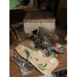 A VINTAGE SEWING BOX AND ITEMS RELATING TO TAPESTRY MAKING