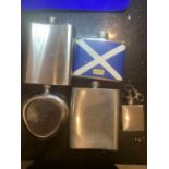 FIVE VARIOUS HIP FLASKS TO INCLUDE A STAG AND SCOTLAND ETC