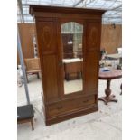 AN EDWARDIAN MAHOGANY AND INLAID MIRROR-DOOR WARDROBE WITH A DRAWER TO THE BASE, 50" WIDE