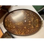 A VINTAGE INLAID WOODEN OVAL TRAY WITH BRASS HANDLES - WIDTH 64CMS