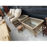 EIGHT ITEMS OF WICKER CONSERVATORY FURNITURE - FOUR CHAIRS, THREE TABLES ANDS A STOOL