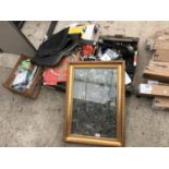 AN ASSORTMENT OF ITEMS TO INCLUDE AS GILT FRAMED PICTURE, LIGHT BULBS, AND CAR MATS ETC
