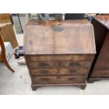 A REPRODUCTION WALNUT AND CROSSBANDED FALL FRONT BUREAU, 30" WIDE, WITH FITTED INTERIOR