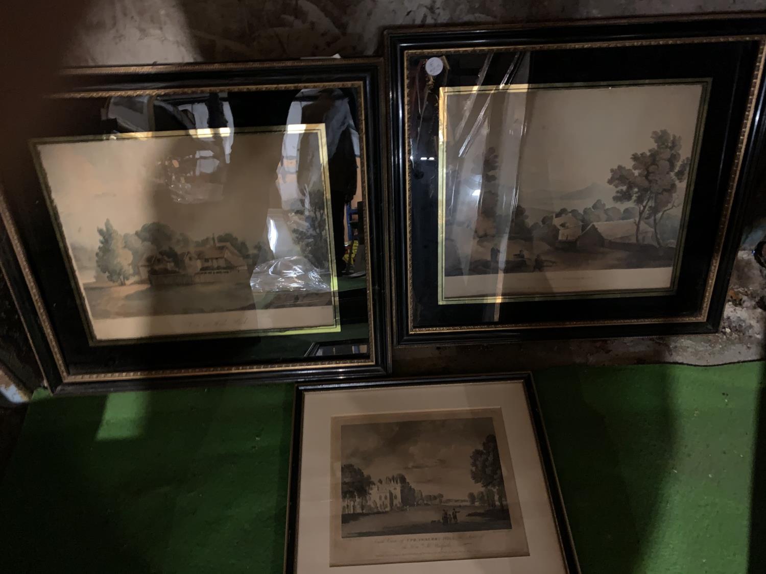 A PAIR OF BLACK AND GILT FRAMED PRINTS 'VIEW OF THE LAKES OF WESTMORLAND' AND 'VIEW OF HYDE PARK'