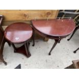 A MAHOGANY LAMP TABLE AND A MAHOGANY DEMI LUNE HALL TABLE