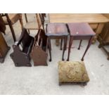 TWO MAHOGANY MAGAZINE RACKS, TWO MAHOGANY LAMP TABLES AND A SMALL GALLERIED OAK FOOR STOOL