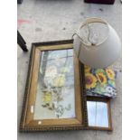 A FRAMED PRINT, TWO MIRRORS A TABLE LAMP AND PLACE MATS