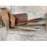 AN ASSORTMENT OF WOODEN BOAT ITEMS TO INCLUDE RUDDERS AND OARS ETC