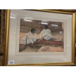 A GILT FRAMED PRINT SIGNED A RASAMOELINA (1918) OF TWO GIRLS WEAVING