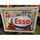 A METAL "ESSO" ADVERTISING SIGN IN WOODEN FRAME 34CMS X 44CMS