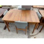 A RETRO TEAK EXTENDING DINING TABLE, 48x32.5" (EXTRA LEAF 21") TOGETHER WITH FOUR CHAIRS