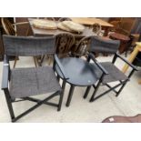 A PAIR OF BLACK DIRECTORS STYLE CHAIRS AND ROUND BLACK TABLE