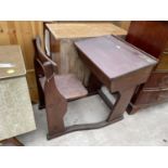 A VICTORIAN PINE INTEGRAL CHILDS SCHOOL DESK COMPLETE WITH FOLDING SEAT BY JOHN HEYWOOD, MANCHESTER