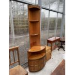 A RETRO NATHAN TEAK CORNER UNIT WITH OPEN SHELVES AND CUPBOARDS TO THE BASE