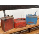 THREE VINTAGE PETROL CANS TO INCLUDE AN ESSO BLUE PARAFFIN CAN ETC