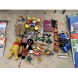 A LARGE COLLECTION OF VINTAGE CHILDRENS TOYS TO INCLUDE CARS, PUPPETS ETC