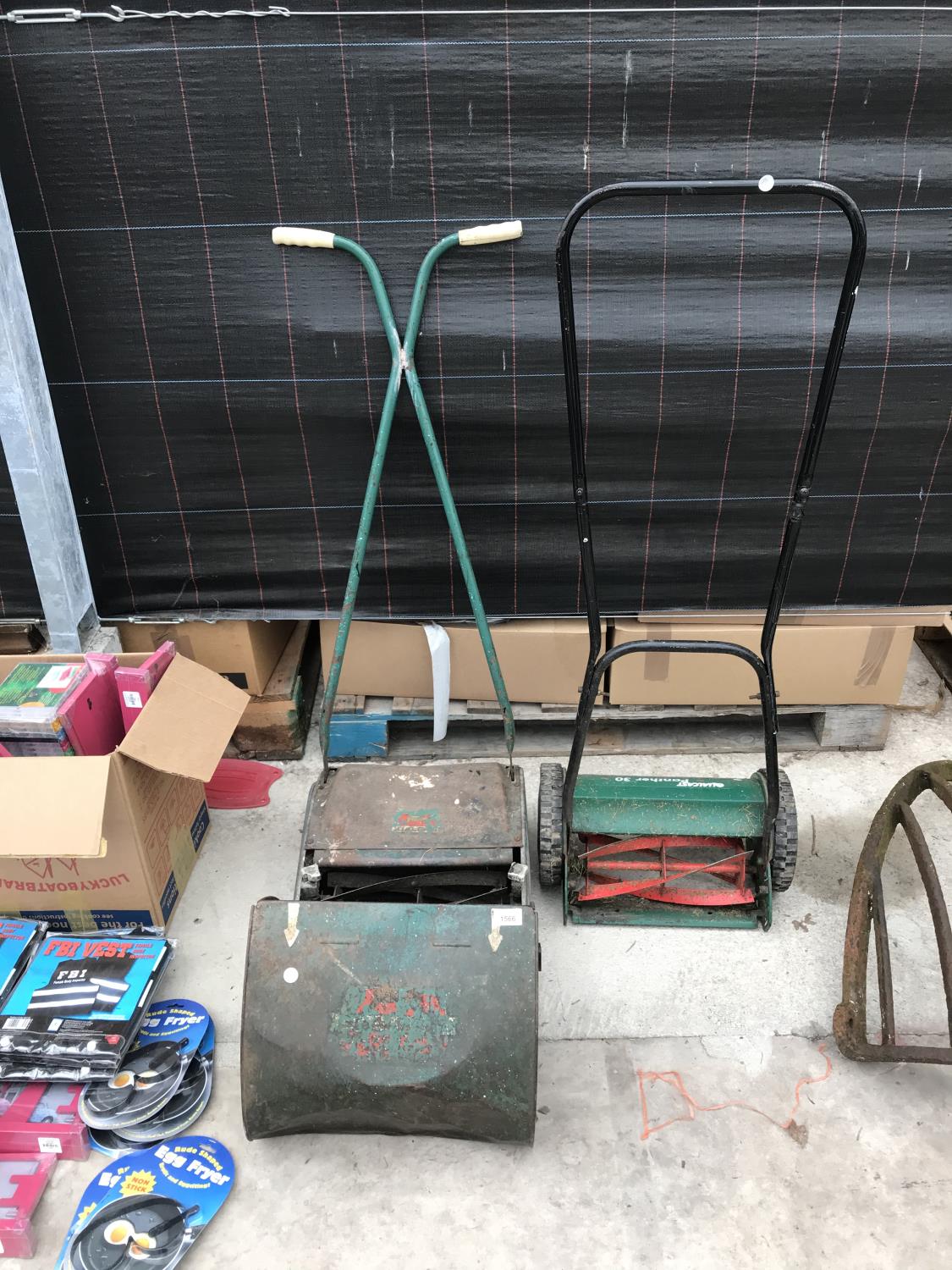 TWO VINTAGE LAWN MOWERS AND A FLOOR STEAMER