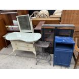 A KIDNEY SHAPED DRESSING TABLE, BEDSIDE LOCKER, OFFICE CHAIR (AF) AND TWO DOOR BOOKCASE TOP