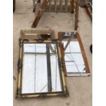 THREE MIRRORS TO INCLUDE TWO BEVELED EDGE GILT FRAMED AND A FURTHER WOODEN FRAMED MIRROR