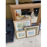AN ASSORTMENT OF PRINTS AND PICTURES TO INCLUDE A LARGE FRAMED MIRROR