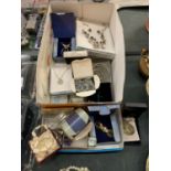 A BOX OF MIXED JEWELLERY TO ALSO INCLUDE A DESK CLOCK