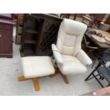 A CREAM MASSAGE ELECTRIC RECLINER SWIVEL CHAIR WITH STOOL