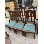 A SET OF SIX OAK LATE VICTORIAN DINING CHAIRS ON TURNED LEGS